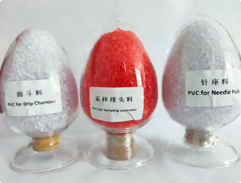 Medical PVC particles for drip chambers, sampling connectors and needle hubs
